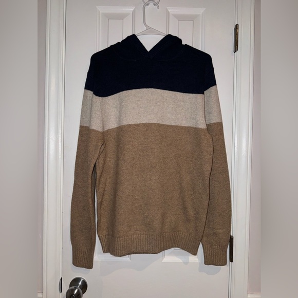 NEW Goodfellow Color-block Hoodie Sweater Blue, Cream & Tan Dapper Brown NWT - Picture 2 of 11